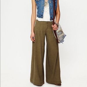 Free People High Waist Linen Pleated Pants Olive
